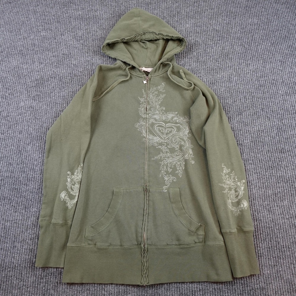 Vintage Roxy Hoodie Womens Medium Green Full Zip Fleece Graphic Logo Sweatshirt
